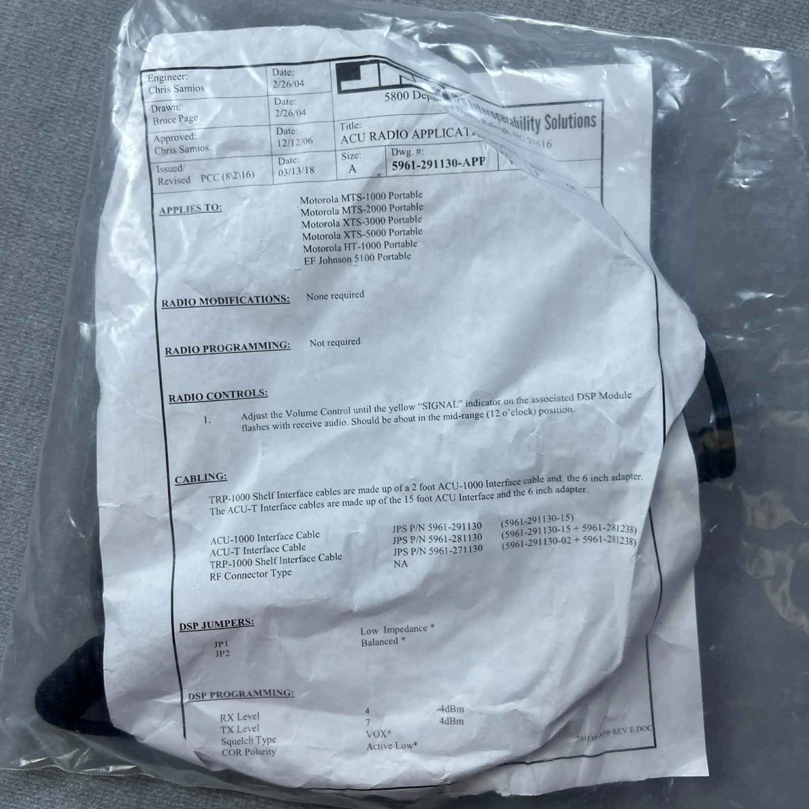 JPS 5961-281130-15 ACU-T Radio Interface Cable Rev E – Excellent Condition