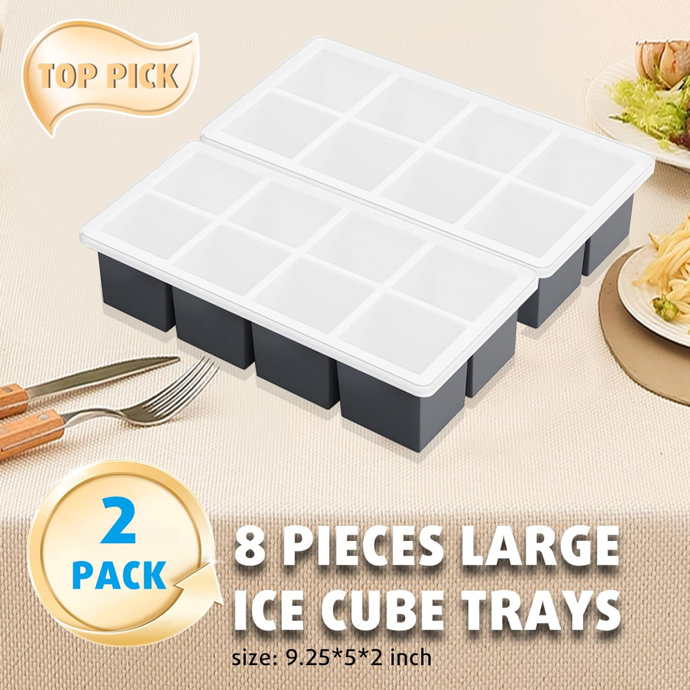 2-Pack Large Ice Cube Trays for Whiskey, Stackable & Easy-Release Silicone Squar