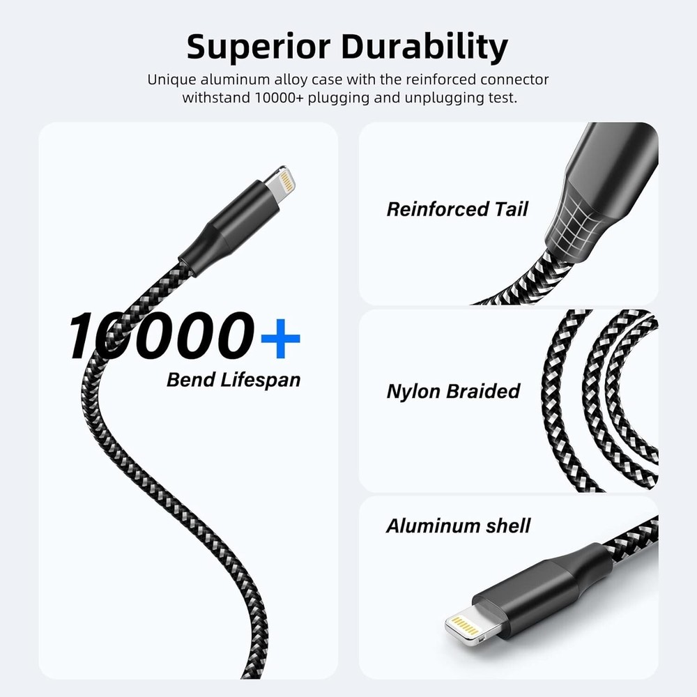 3 Pack 10 FT Nylon Charger Fast Charging Cord Cable Compatible With iphone