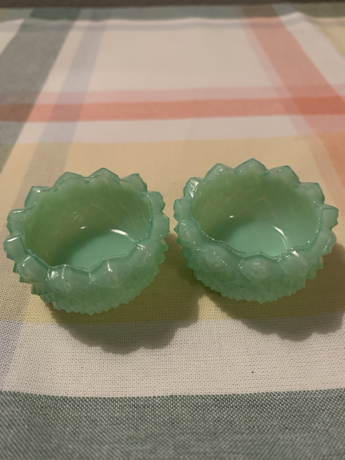 2/ JADITE Green ROUND SAWTOOTH GLASS OPEN SALT CELLAR, c1980's