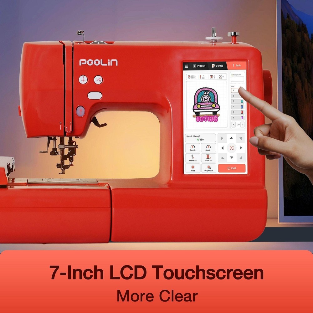 POOLIN EOC05 4in x 9.2in Computerized Embroidery Machine - Red