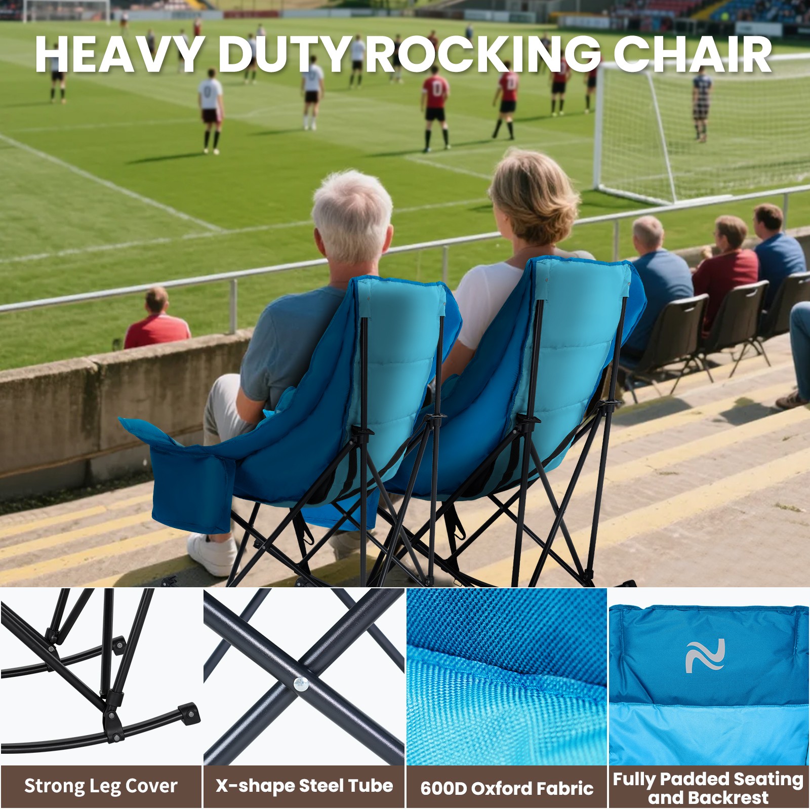 NAIZEA Rocking Chair Outdoor Folding Camping Chair with Cooler Bag Side Pocket