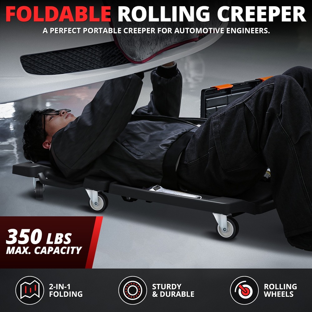 Foldable Low Profile Creeper for For Auto Mechanics Garage Stool Rolling Black