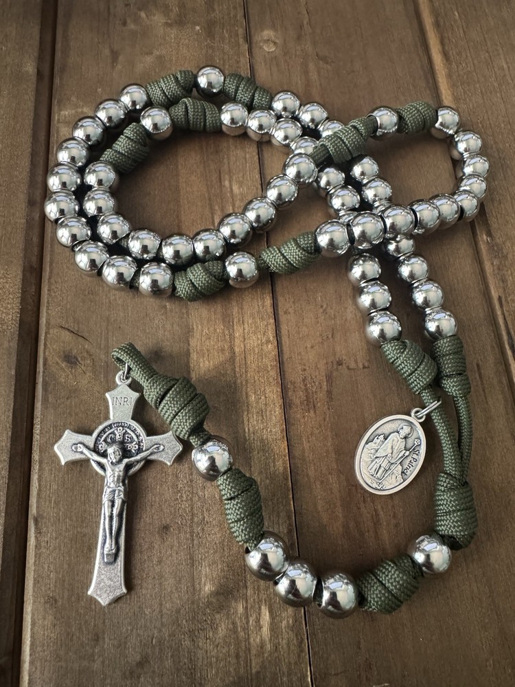 Stainless Steel Beads Rosary, St. Patrick Medal Rosary Heavy Duty - Handmade