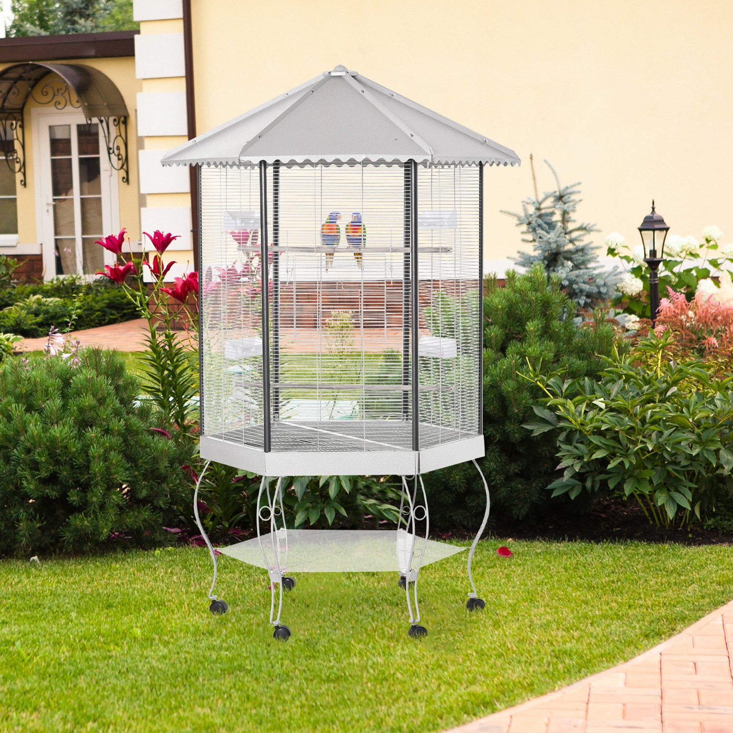 77" Metal Canopy Aviary Flight Bird Cage with Storage for Cockatiel Parrot Large