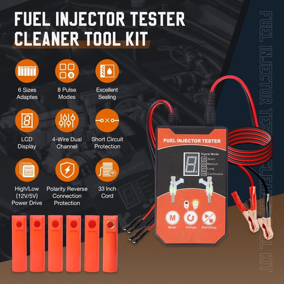 Universal Fuel Injector Tester Cleaner Tool Kit, 6 Size Cleaning Adapters 8 Puls