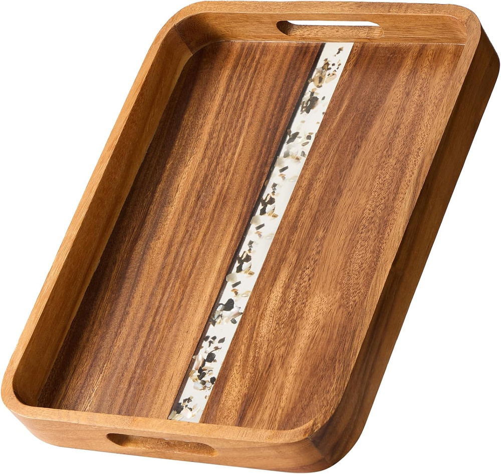 Acacia Wood Serving Tray with Handles - Rectangular Decorative Ottoman Tray for