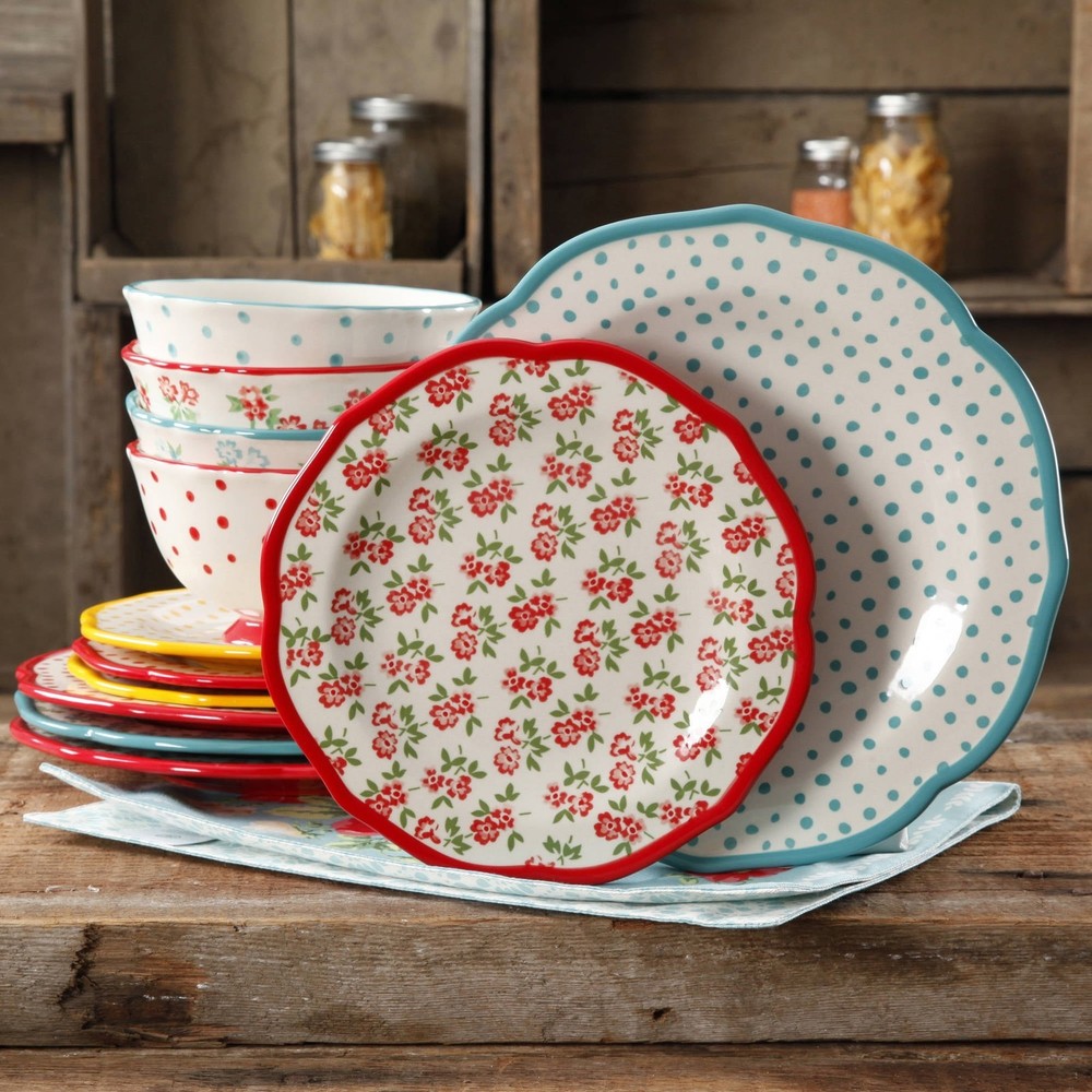 Timeless Floral & Retro Dot 12-Piece Dinnerware Set Multicolor