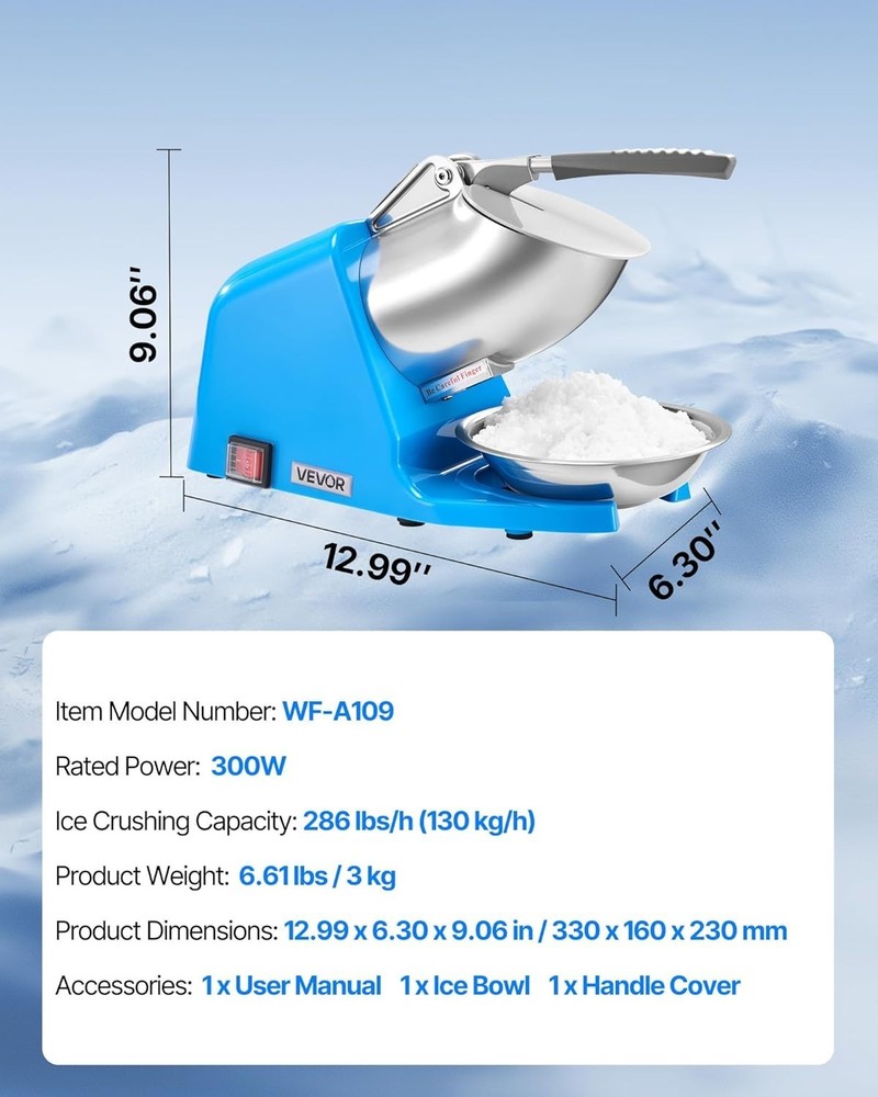 Ice Crusher Machine - 286lbs/hr Electric Snow Cone Maker, Compact Design