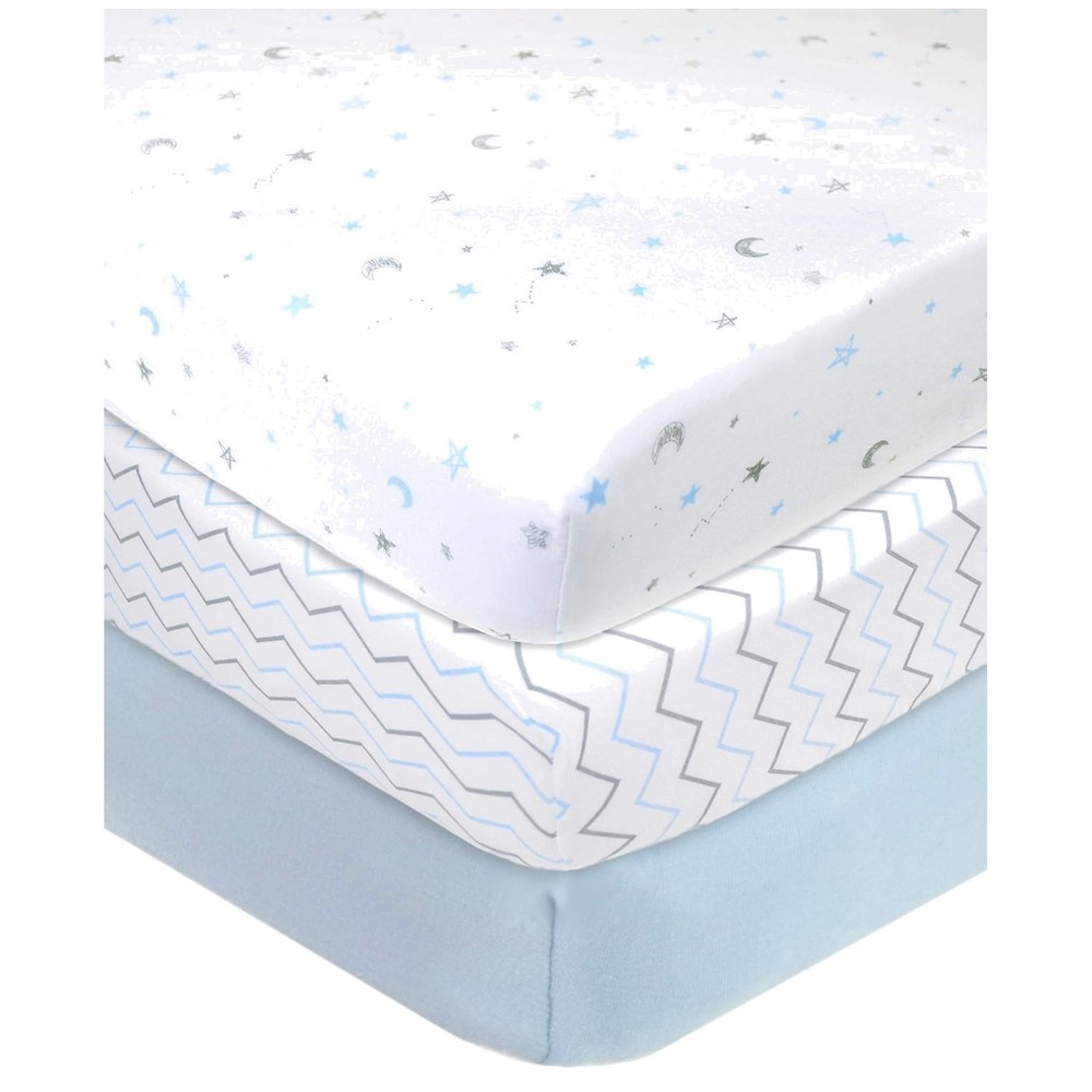Soft Cotton Crib Sheets 3-Pack - Blue Star/Zigzag