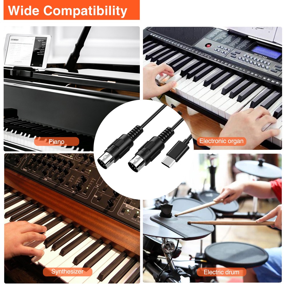 LEKATO 6.5Ft MIDI Cable MIDI to USB C Cable Type-C MIDI Input & Output Interface
