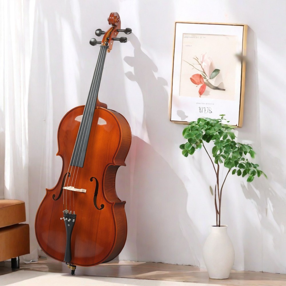 Natural Full Size 4/4 Acoustic Cello Set w/ Spruce Panel & Tiger Pattern Process