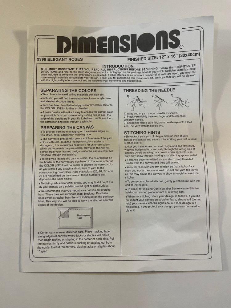Dimensions Needlepoint Kit #2396 "Elegant Roses" - Started