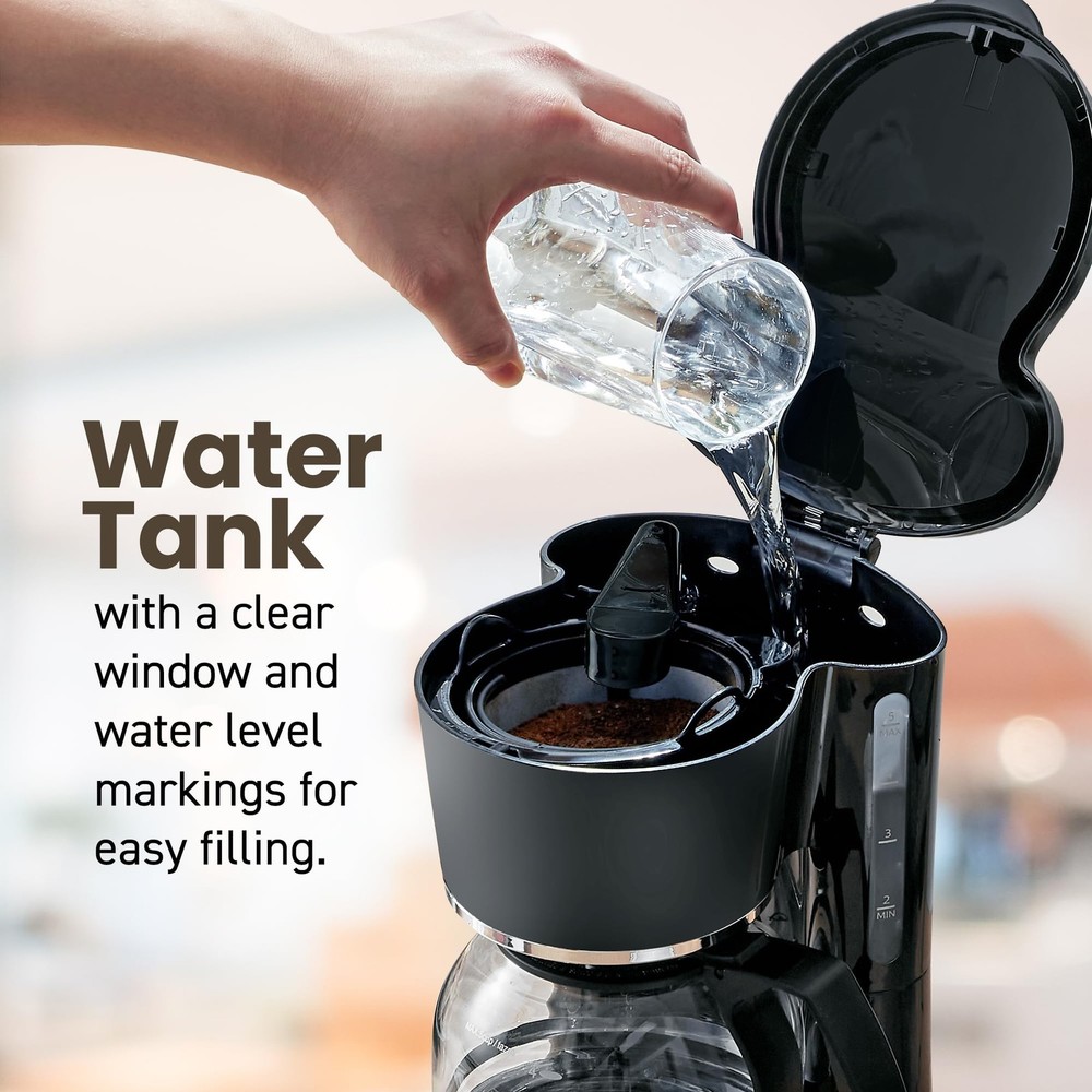 5-Cup Automatic Coffee Maker with Reusable Filter, Pause & Serve, On/Off Switch