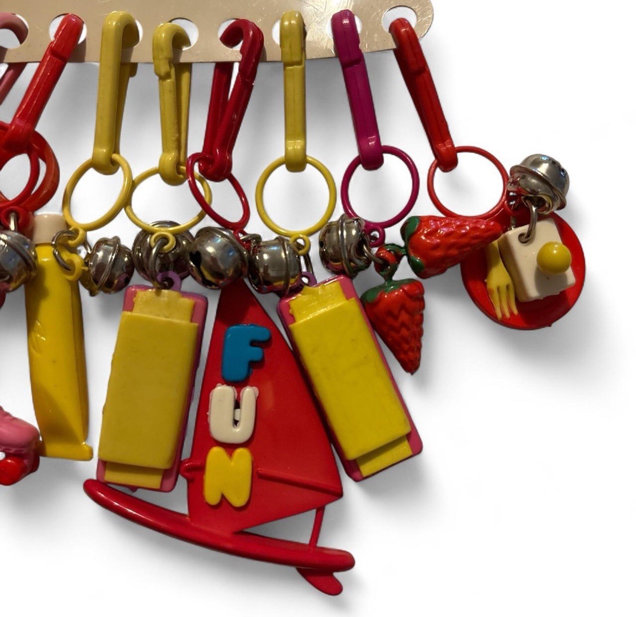 Vintage 80s Plastic Clip On Bell Charm Necklace 12 Charms Assorted Made Taiwan