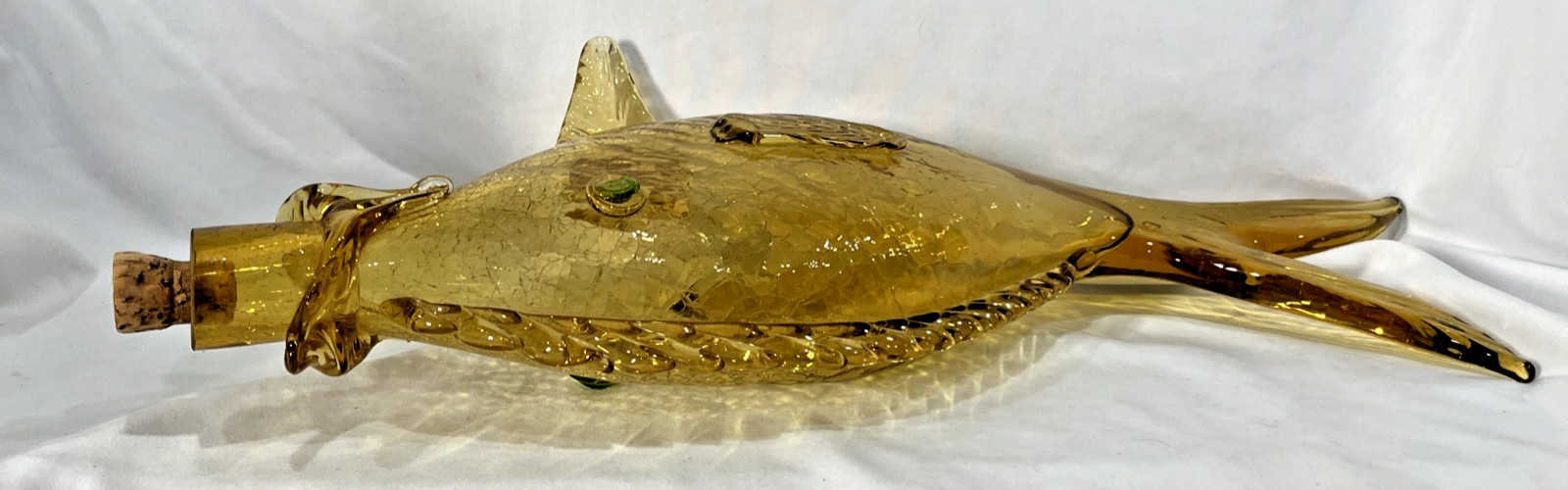Vintage Amber Green Murano Crackle Glass Fish Decanter