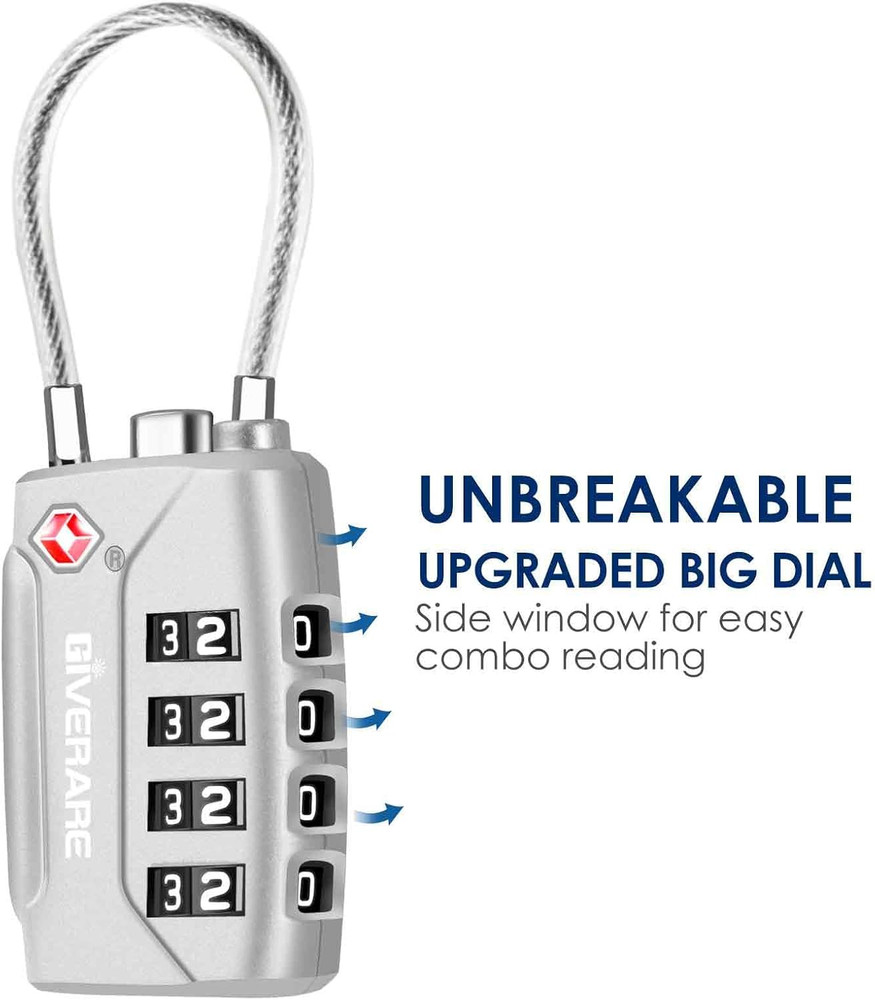 2-Pack TSA Cable Combo Locks 4-Digit, TSA Approved, Weatherproof, Black & Silver