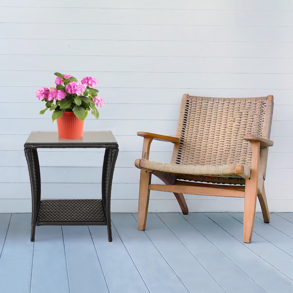 Outdoor Patio Wicker Side Table, Square End Table Bistro Coffee Table