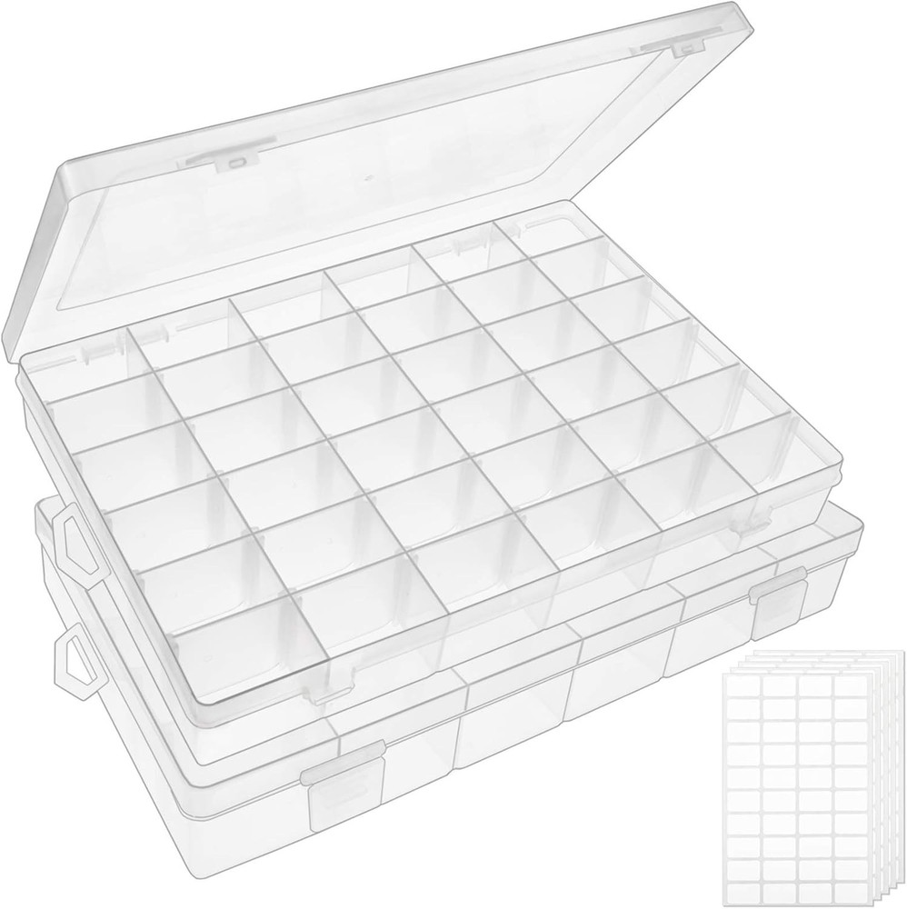 Clear Plastic 36-Compartment Bead Organizer, 2 Pack with Snap Closure & Labels