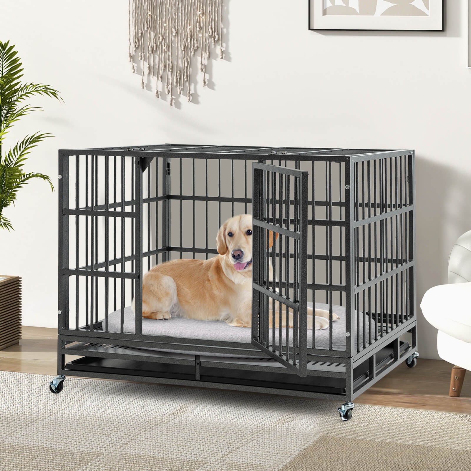 48" Foldable Heavy-Duty Metal Dog Cage W/ Lockable Rolling Casters Black