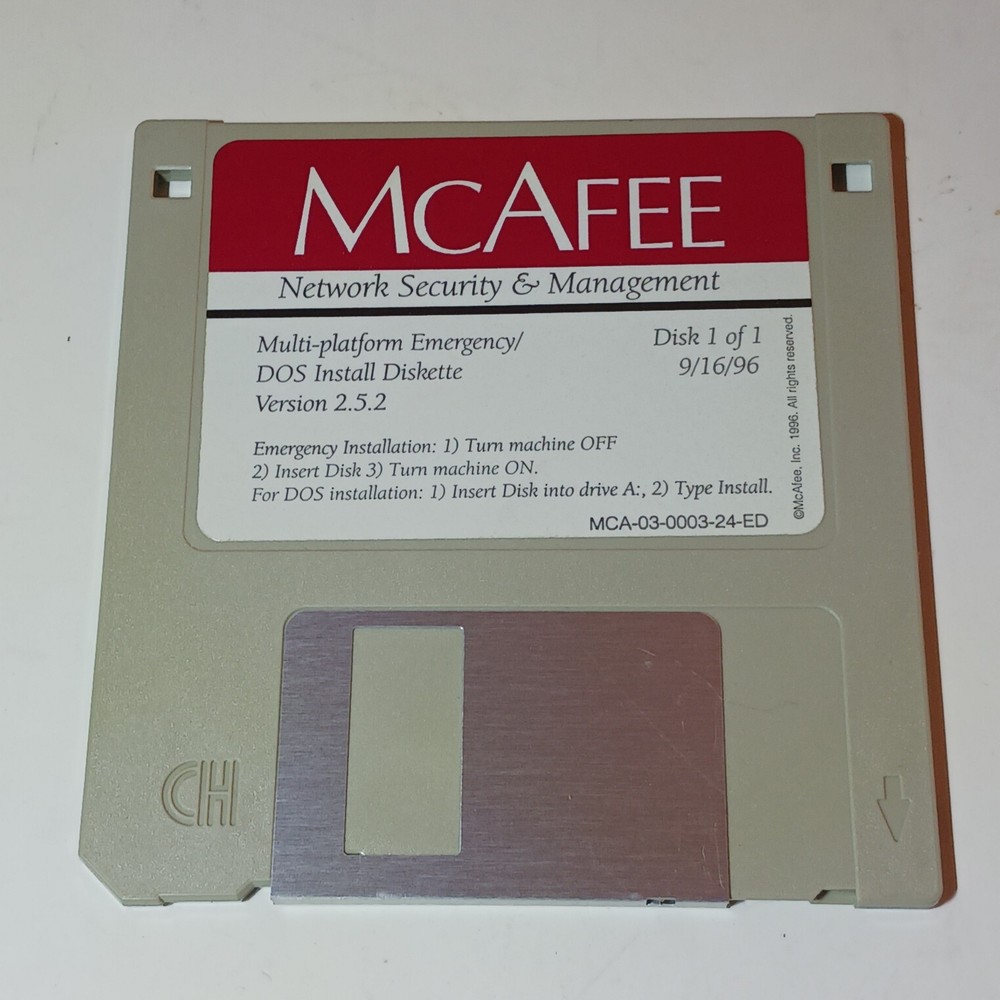 3.5" Floppy Disk McAfee DOS Install Diskette Version 2.5.2 Vtg Computing 1996
