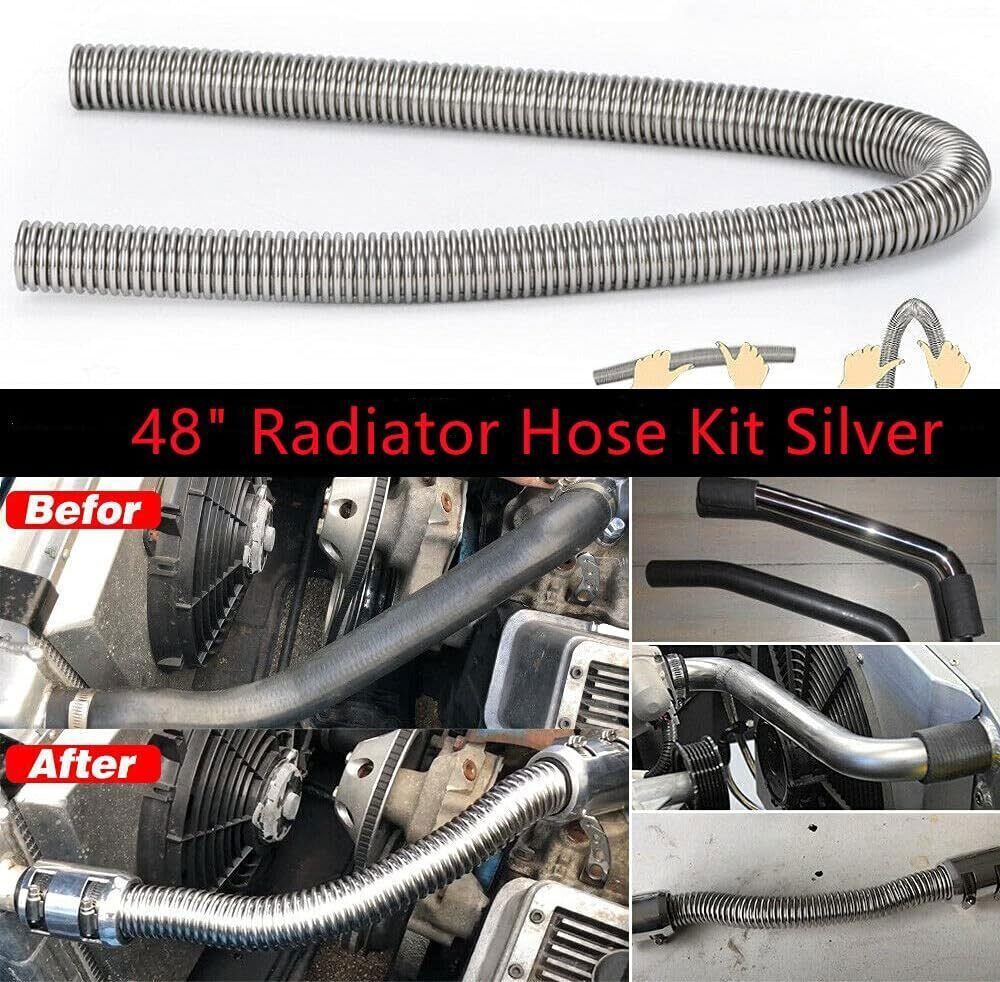 Universal 48" Stainless Steel Radiator Flexible Coolant Water Hose W/ Caps Kit