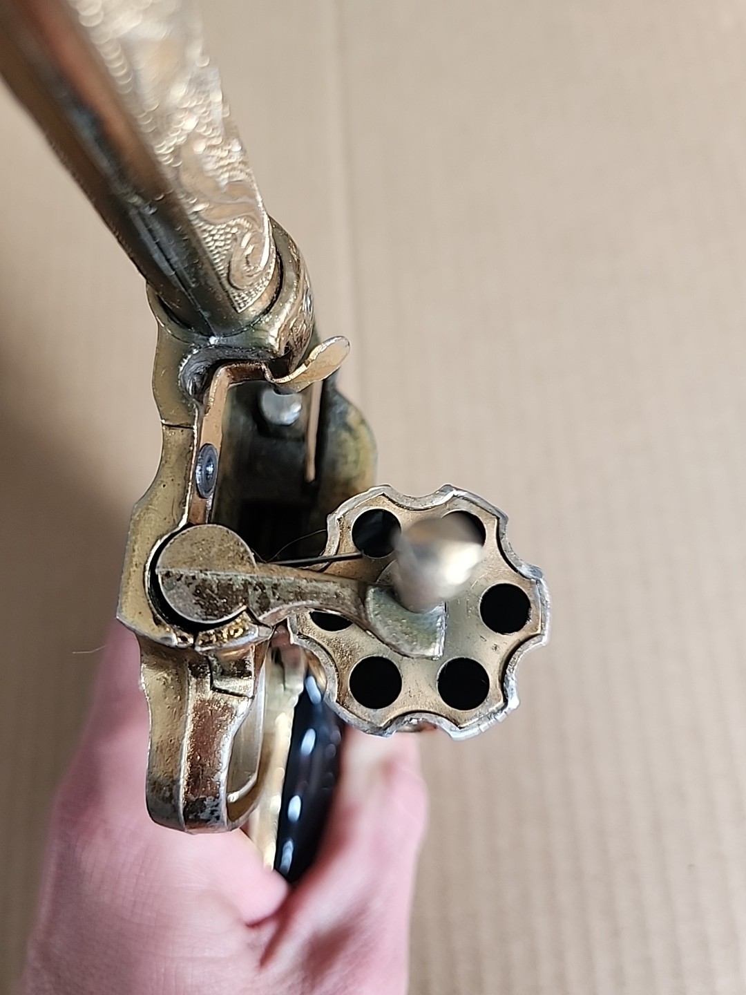 VINTAGE KILGORE BRONCO GOLD PLATED CAP GUN WITH BLACK GRIPS - 1950's WORKING