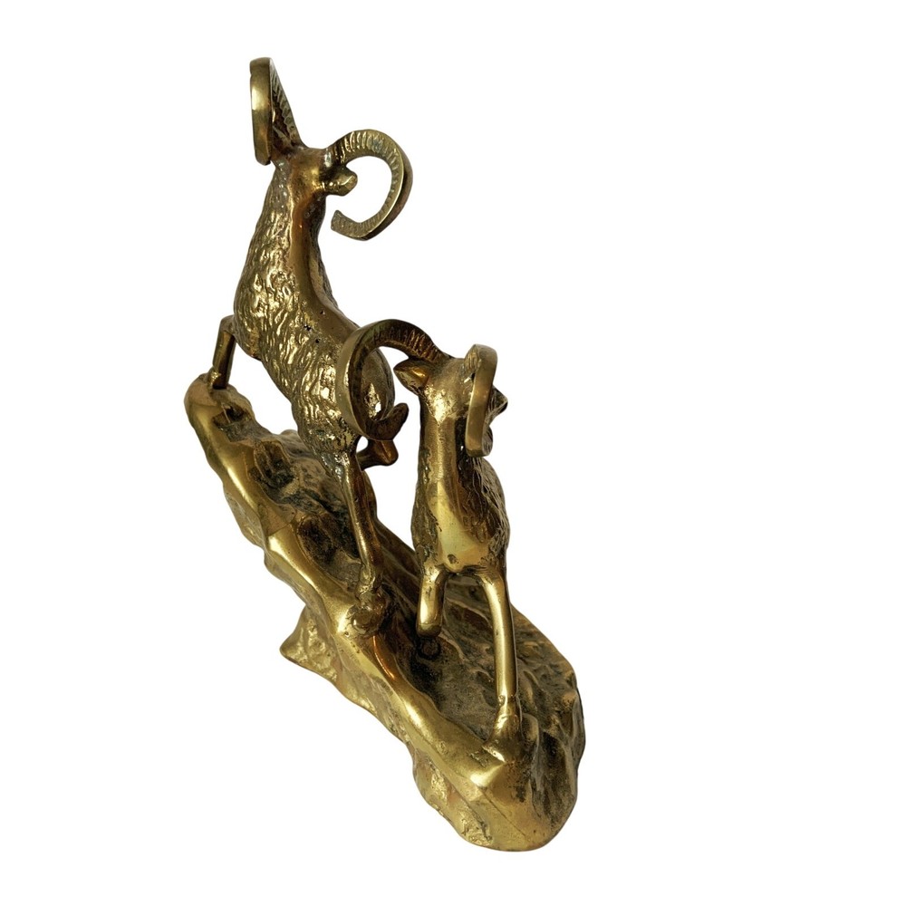 Vintage Mid Century Solid Brass Rams on Hillside Ram Figurine