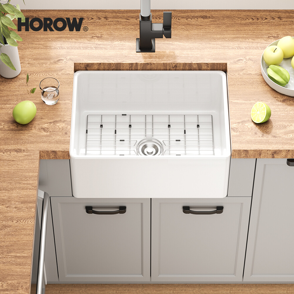 24" Sink Single Bowl Undermount Ceramic Farmhouse Apron Kitchen White Rectangle