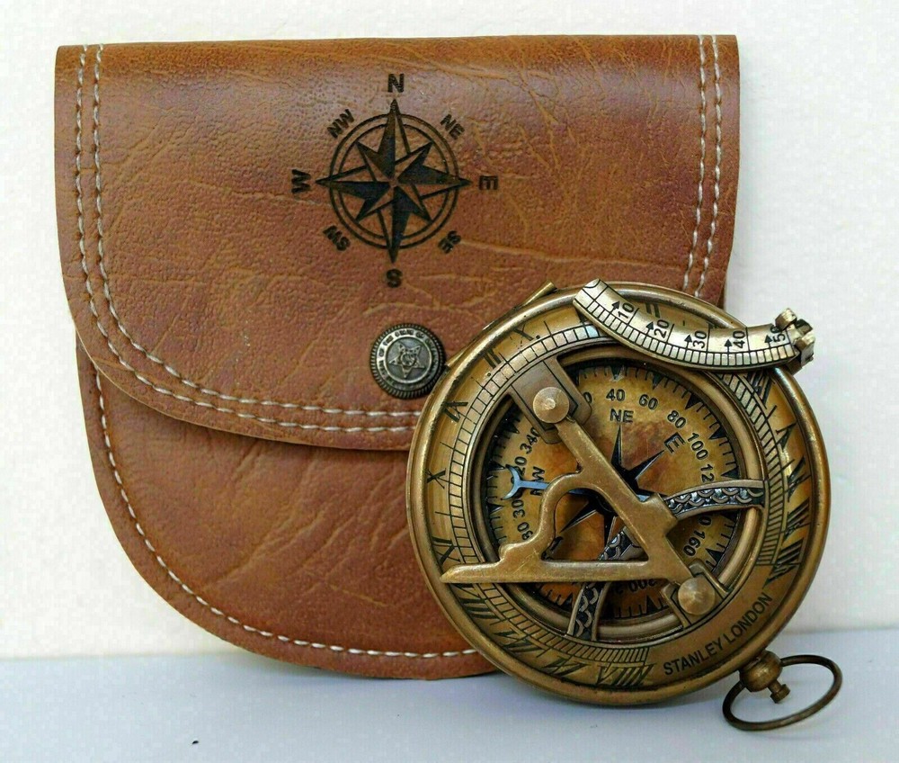 Antique Nautical Brass Sundial Pocket Push Button Compass with Leather Case Gift
