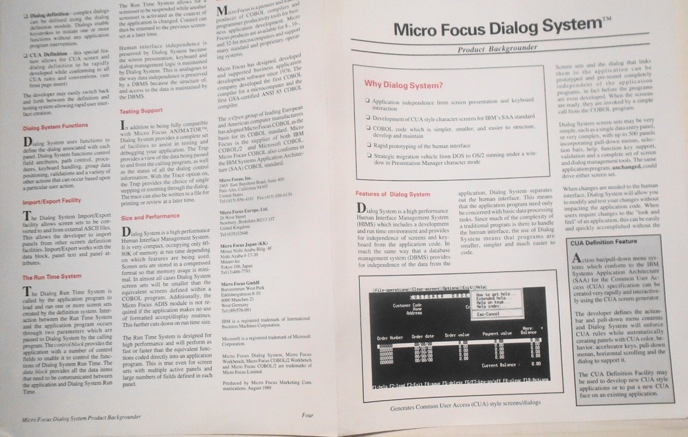 Micro Focus COBOL - 4 Brochures, 1989: Dialog System, 370 Assembler, Data Tools