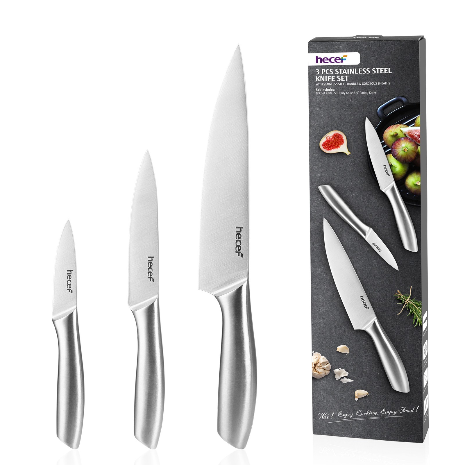 Hecef® Kitchen Knife Set of 3 Ultra Sharp Stainless Steel Chef Knife w/ cover