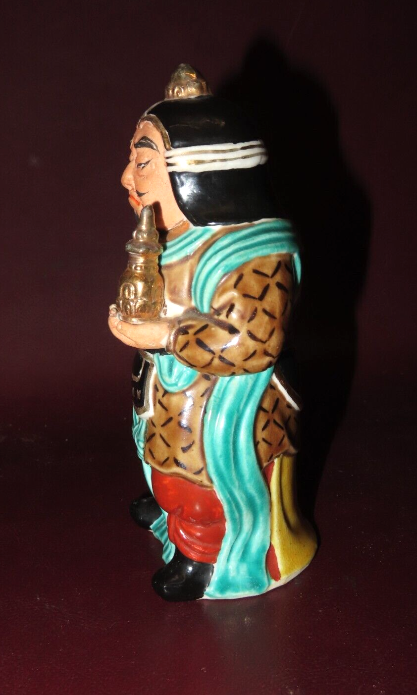 Vintage 6" Tall Hand Painted Japanese Porcelain Buddha Guard Figure w/ Staff