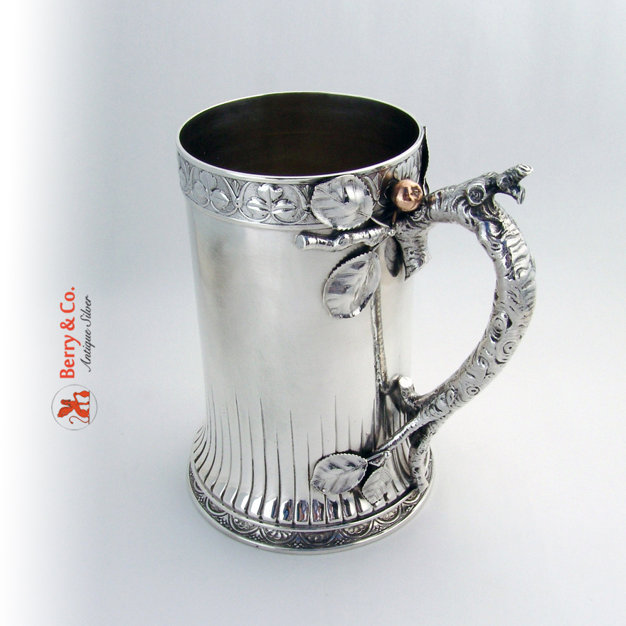 Mixed Metals Tankard Apple Tree Bark Handle Gorham 1880 Sterling