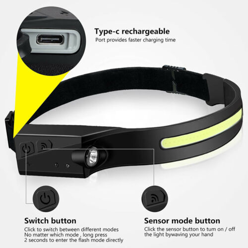 2PCS Headlamp Light Rechargeable 230° Beam Motion Sensor Waterproof Flashlight