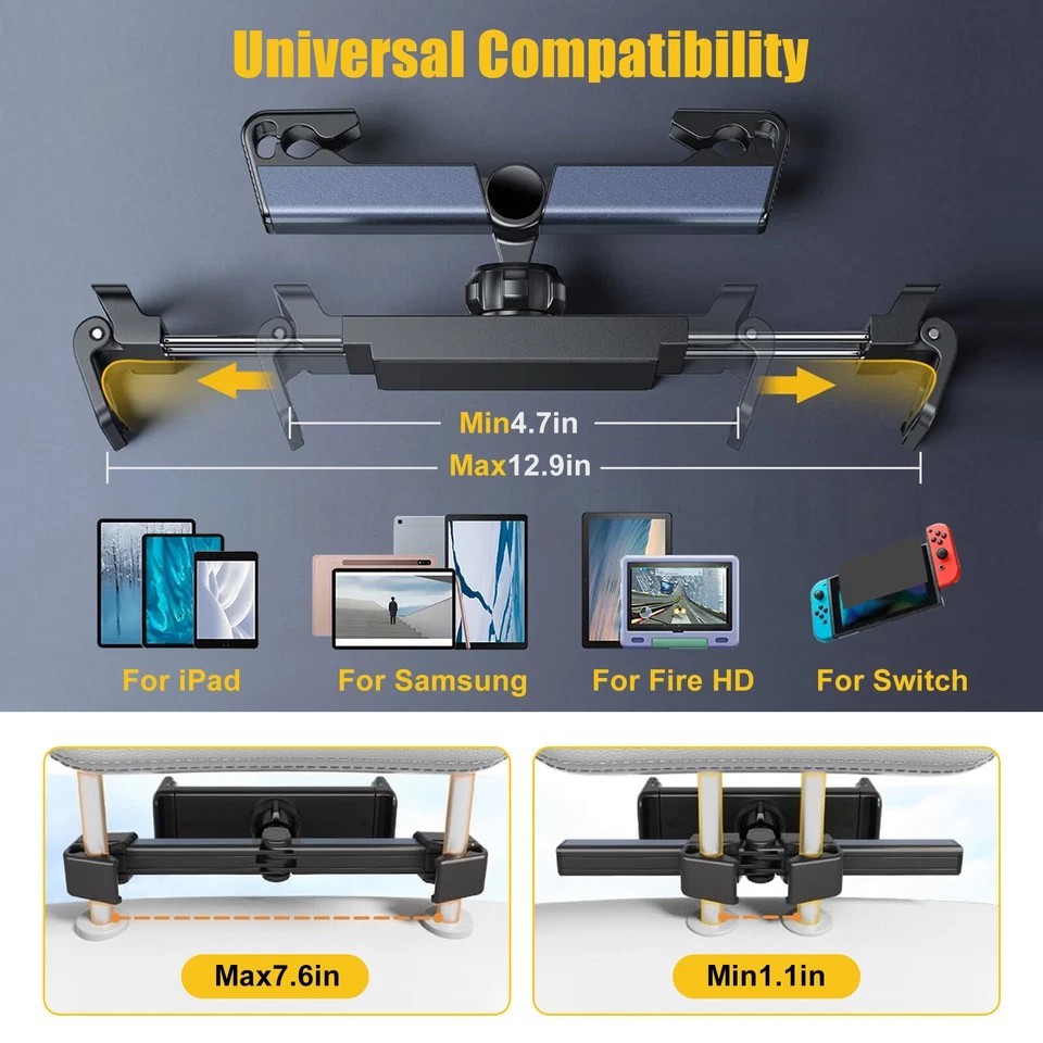 Headrest Mount 360° Car Back Seat Tablet Holder for 4.7-12.9" iPad Phone Samsung
