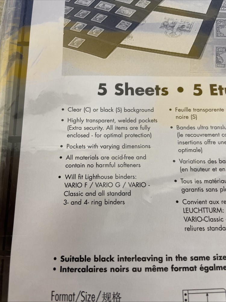 Lighthouse Vario 6S Stamp Page Protective Sheets Black Back Lot Of 3 Packs Of 5