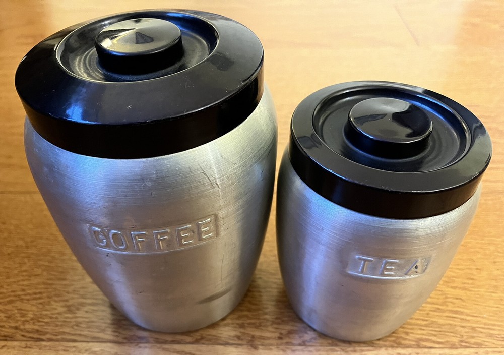 vintage coffee and tea silver black kitchen canisters 5 3/4 inches 4 3/4inches