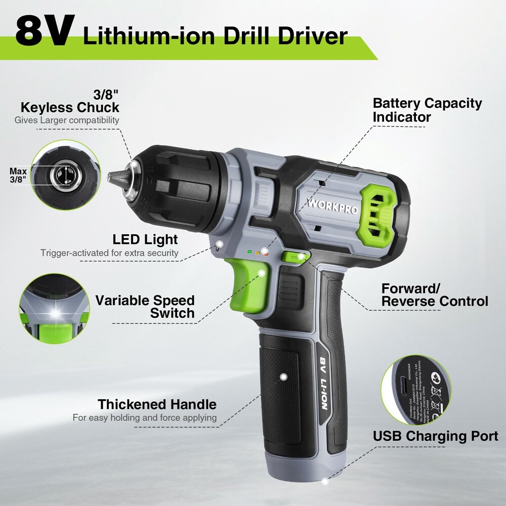 WORKPRO 8V Cordless Drill Driver Set 53pcs Bit Electric Drill 3/8" Keyless Chuck