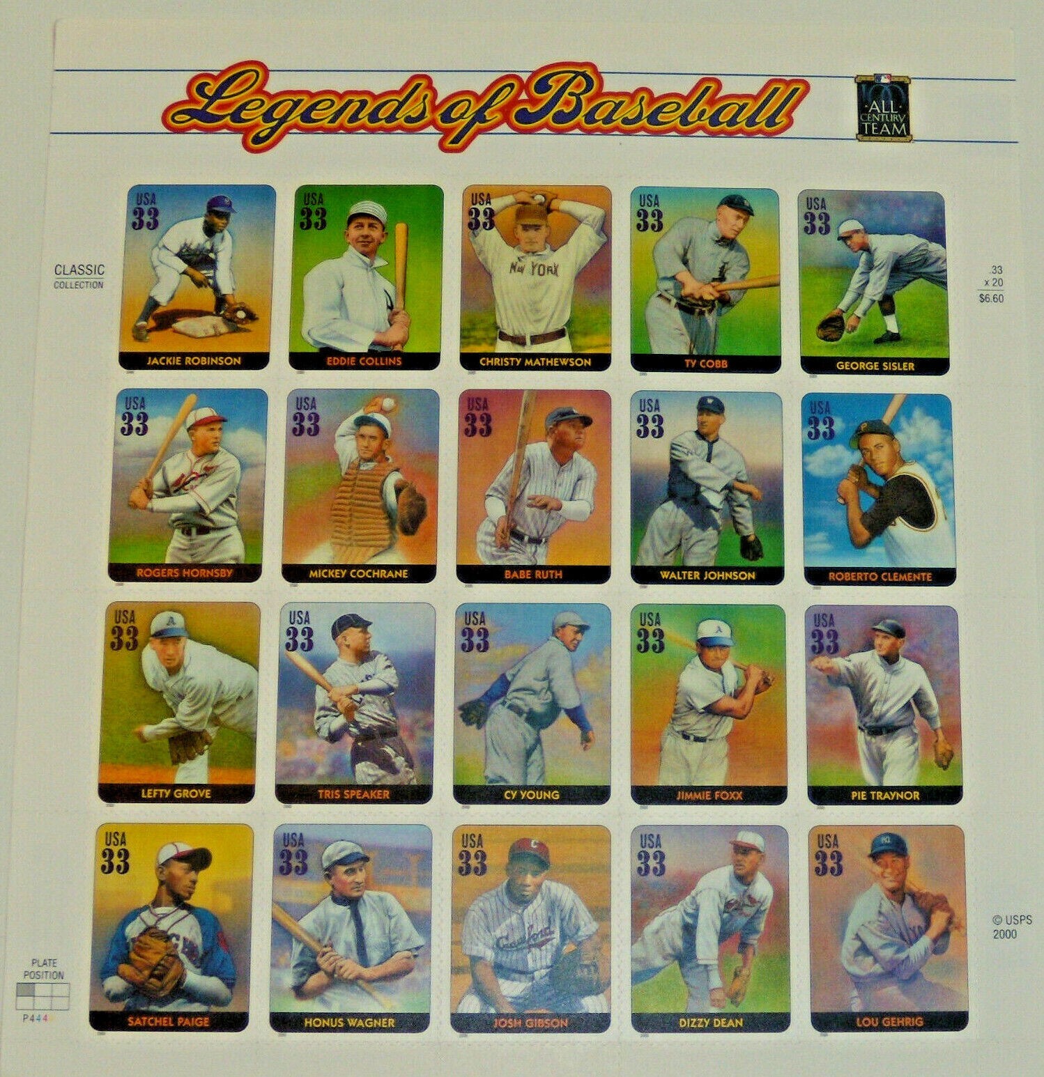 Four Sheets x 20 = 80 of LEGENDS OF BASEBALL 33¢ US Postage Stamps USA Sc # 3408