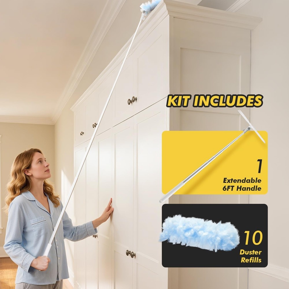 6 ft Extendable Duster Handle with 10 Refills, Compatible with Swiffer, Dispo...