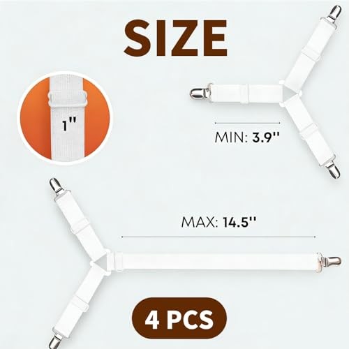 Bed Sheet Straps Set 4 Pack, Adjustable Elastic Sheet Holders for Corners with