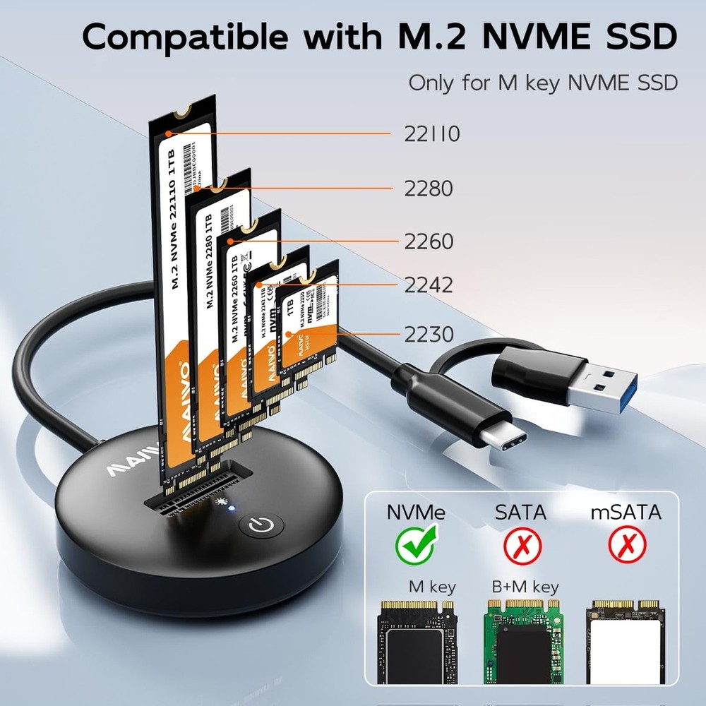 MAIWO M.2 NVMe SSD Docking Station, USB-C to USB-A PCIe SSD Dock Reader, USB3...
