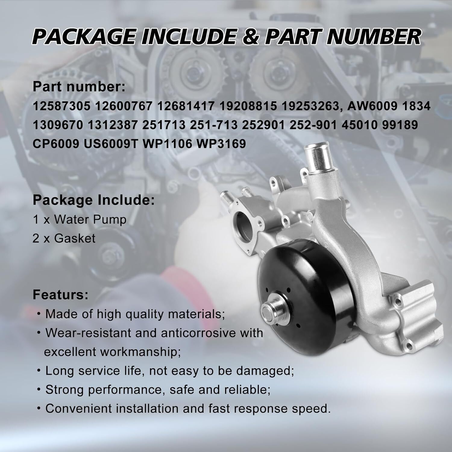 AW6009 Water Pump For Chevy Silverado Tahoe Suburban GMC Sierra 1500 4.8L 5.3L