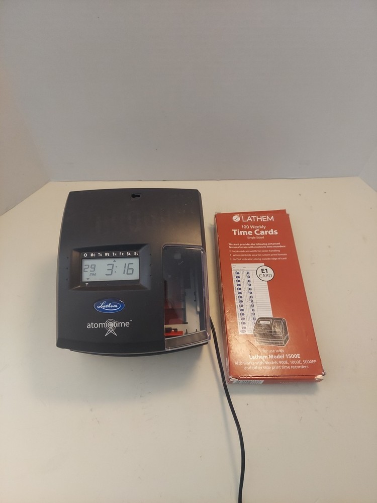 Lathem 1500E AtomicTime Clock w/ Power Adapter NO KEY, Lathem Time Cards