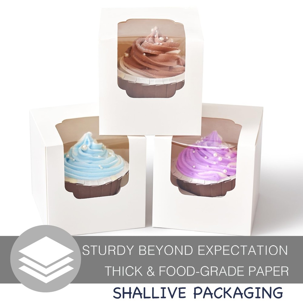 30 Pcs White Cupcake Boxes Individual Easy Assembly with Insert and Window, 3...