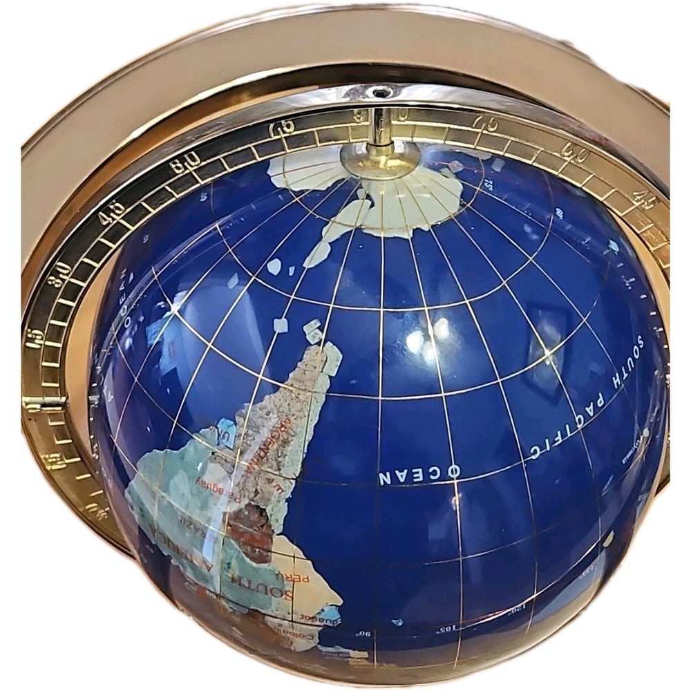 Large Blue Lapis & Semi-Precious Gemstone Table Globe on Rotating Brass Stand.