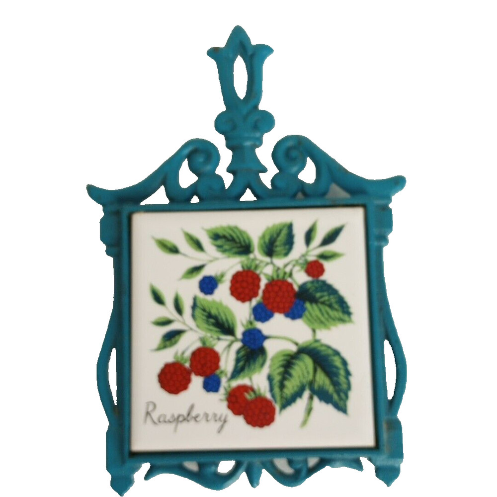 Vintage Cast Iron Turquoise Blue Framed Ceramic Tile Trivet Raspberry Japan EUC