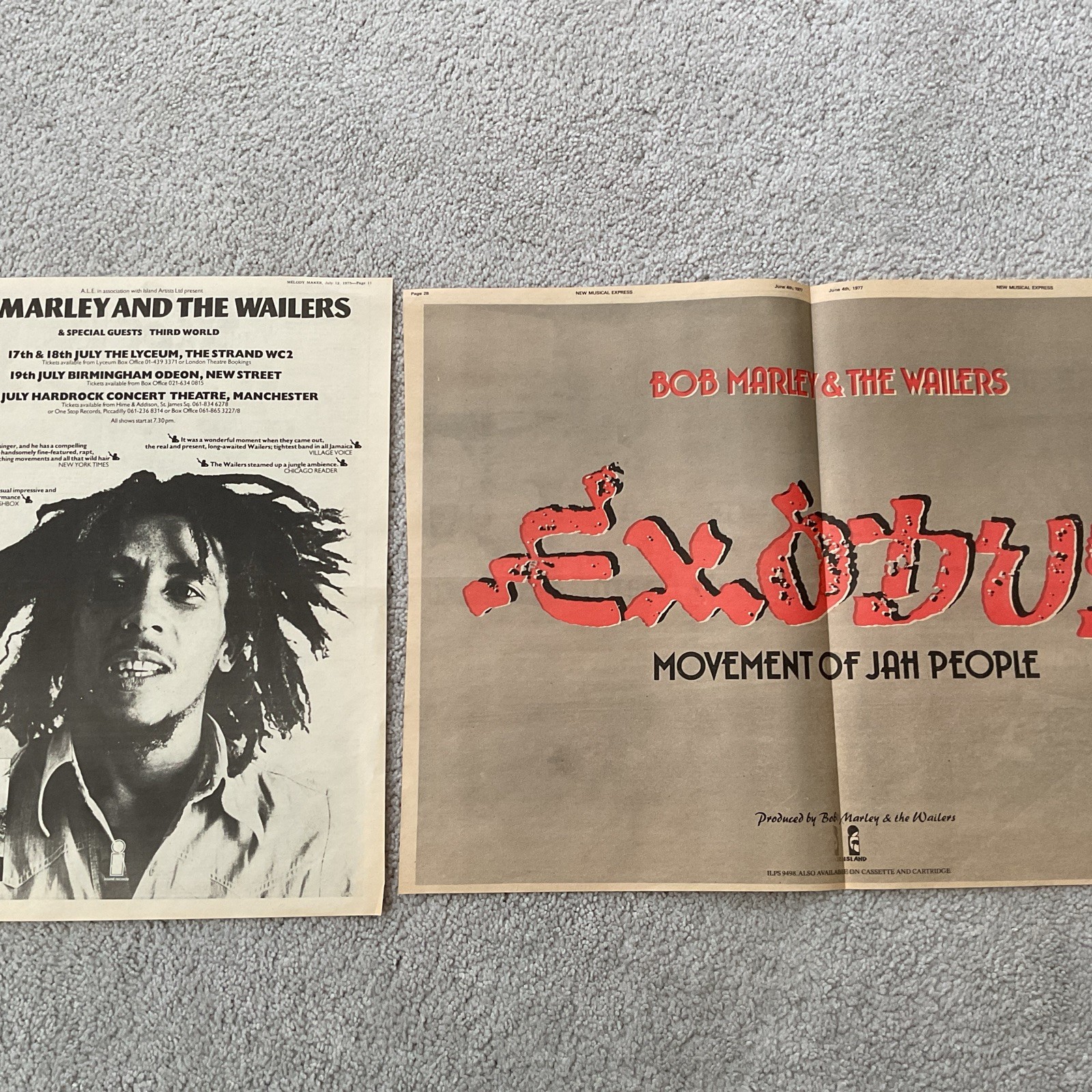 BOB MARLEY & THE WAILERS 1975 1977 UK TOUR & EXODUS LP ORIGINAL POSTER TYPE ADS