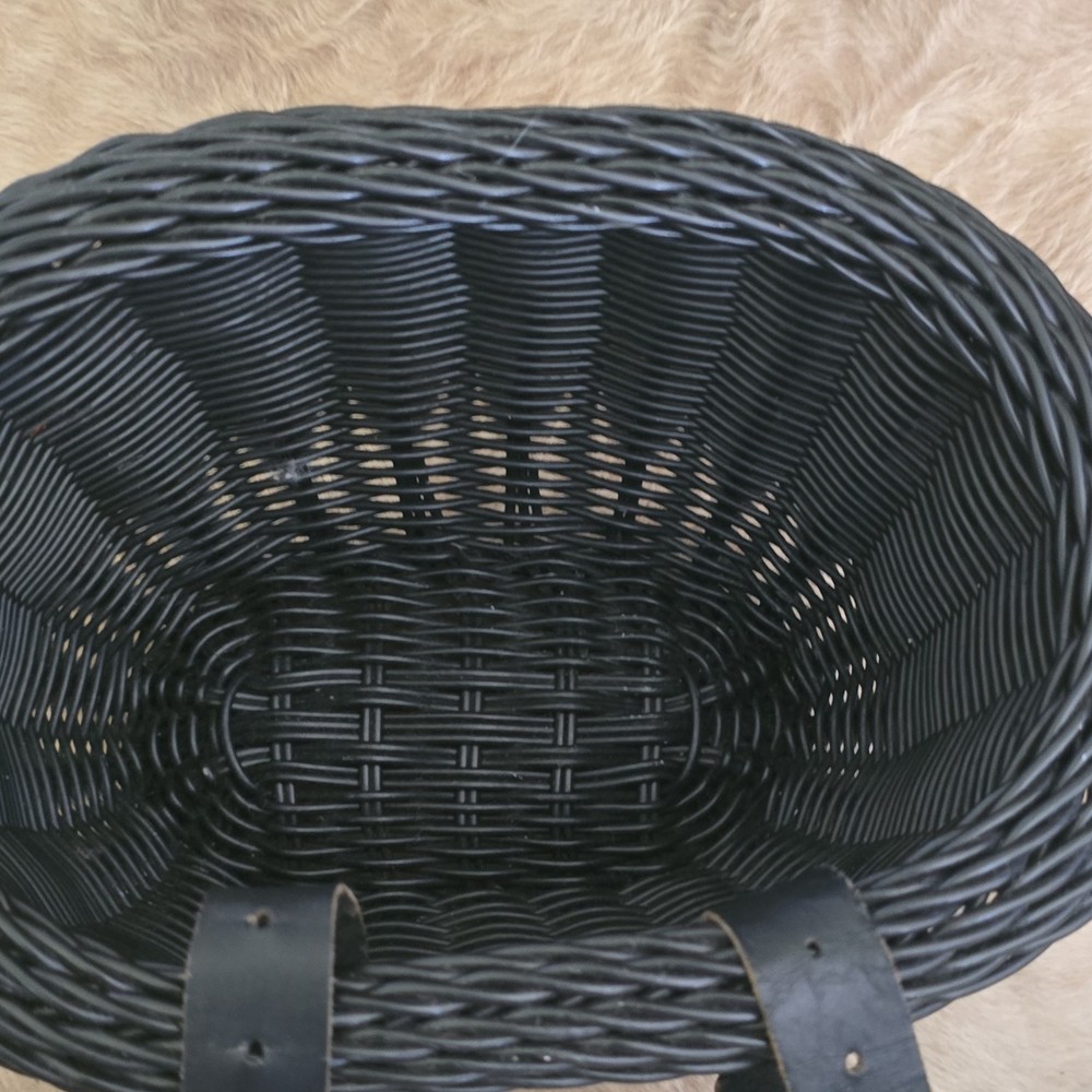 Vintage Black Wicker Bicycle Basket with Leather Straps Adjustable Fitting